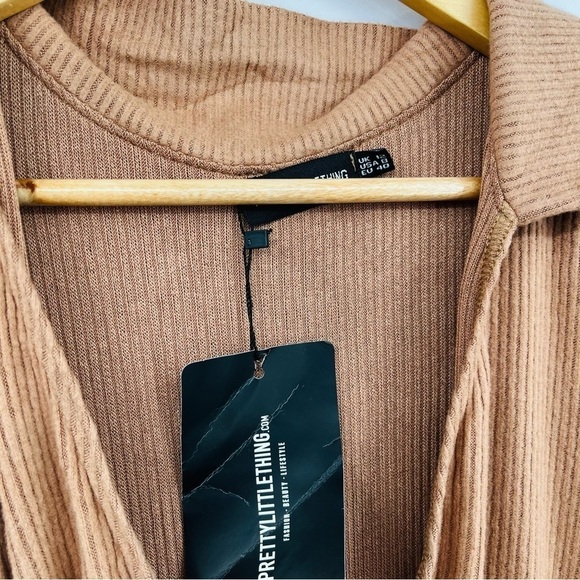 B033 PrettyLittleThing Mocha Brushed Rib Long Sleeve Tie Bust Jumpsuit - Picture 5 of 9